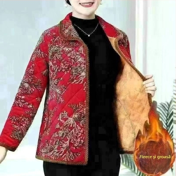 Palton din bumbac cu căptușeală fleece, imprimeu floral, izolație groasă, croială relaxată dreaptă, guler rever