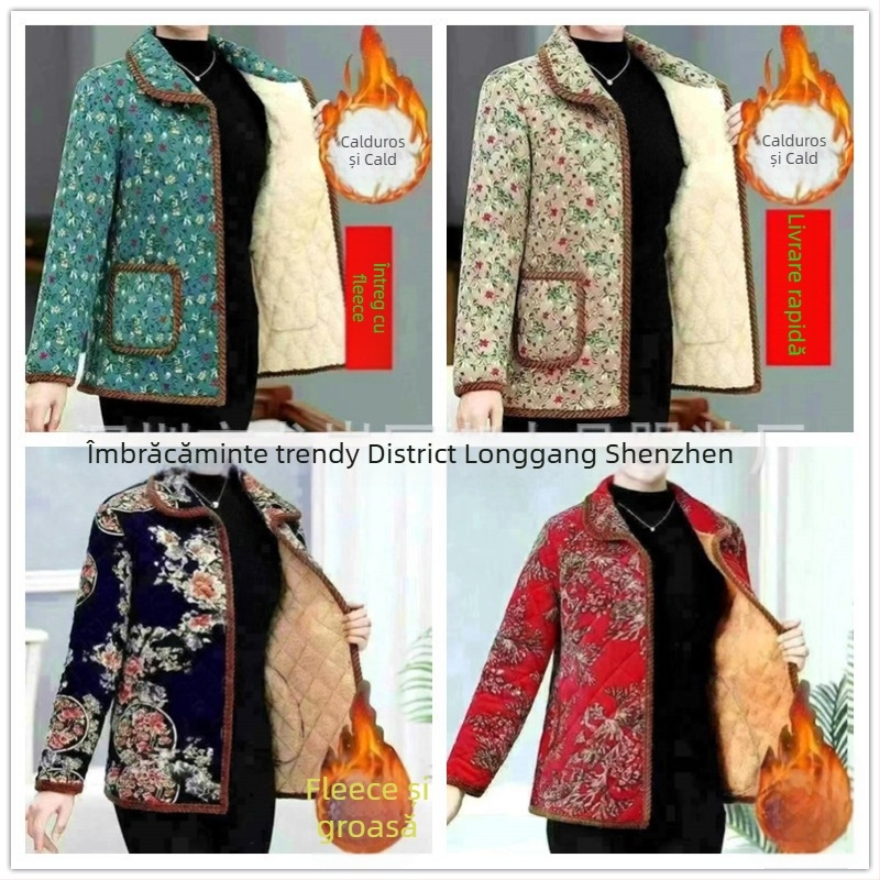 Palton din bumbac cu căptușeală fleece, imprimeu floral, izolație groasă, croială relaxată dreaptă, guler rever