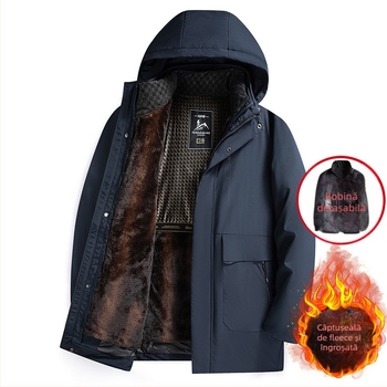 Geacă de iarnă pentru bărbați cu căptușeală detașabilă, căptușeală din fleece, glugă, fermoar frontal, croială lejeră