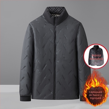 Geacă de iarnă pentru bărbați cu căptușeală detașabilă, căptușeală din fleece, glugă, fermoar frontal, croială lejeră