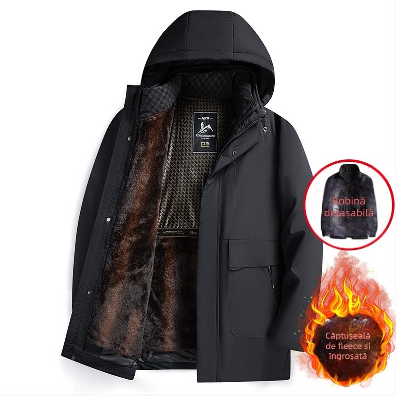 Geacă de iarnă pentru bărbați cu căptușeală detașabilă, căptușeală din fleece, glugă, fermoar frontal, croială lejeră