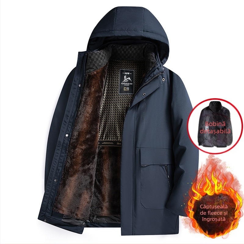 Geacă de iarnă pentru bărbați cu căptușeală detașabilă, căptușeală din fleece, glugă, fermoar frontal, croială lejeră