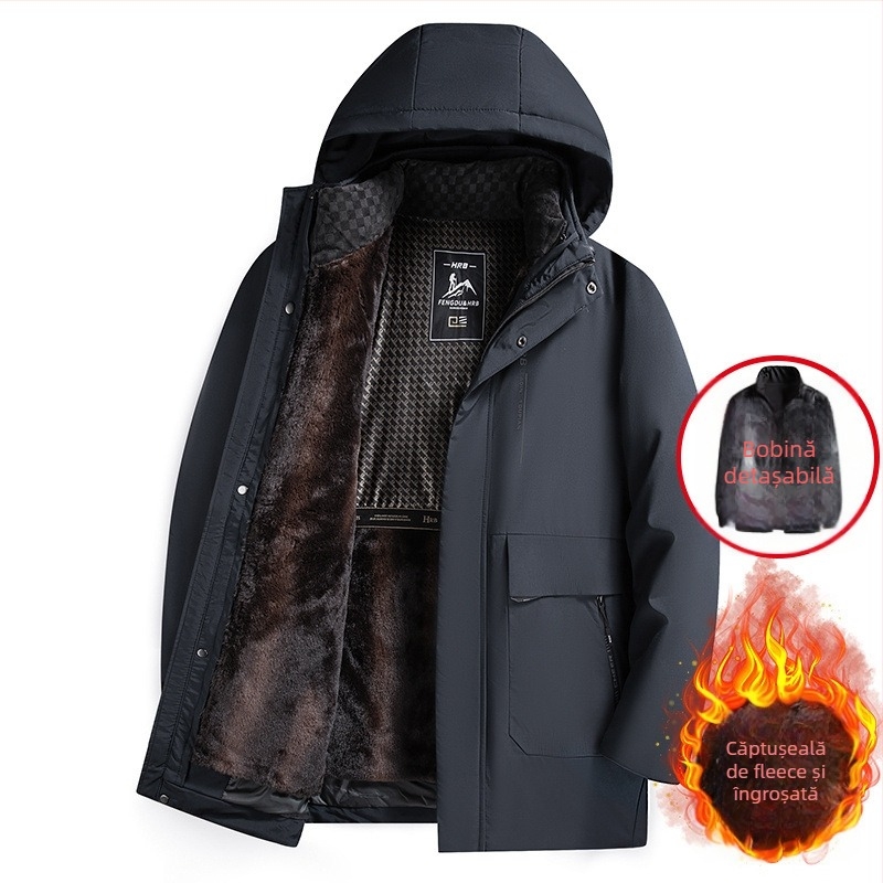 Geacă de iarnă pentru bărbați cu căptușeală detașabilă, căptușeală din fleece, glugă, fermoar frontal, croială lejeră