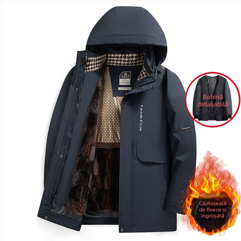 Geacă de iarnă pentru bărbați cu căptușeală detașabilă, căptușeală din fleece, glugă, fermoar frontal, croială lejeră