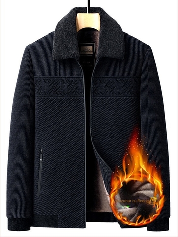 Jachetă bărbătească din bumbac cu umplutură de bumbac, cu rever, fermoar, exterior din poliester și căptușeală fleece