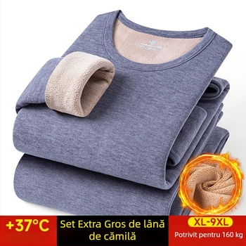 Set termic pentru bărbați din lână de cămilă, căptușit cu fleece, grosime extra 401–500 g/m², două piese: jachetă și pantaloni