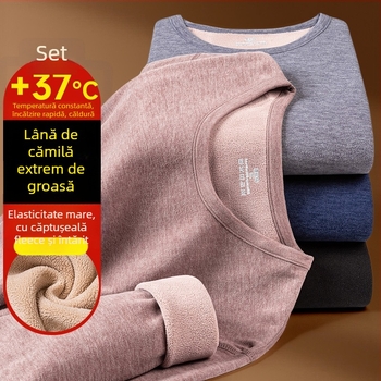 Set termic pentru bărbați din lână de cămilă, căptușit cu fleece, grosime extra 401–500 g/m², două piese: jachetă și pantaloni