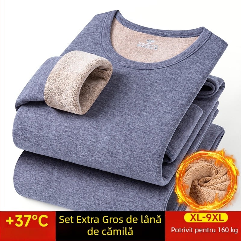 Set termic pentru bărbați din lână de cămilă, căptușit cu fleece, grosime extra 401–500 g/m², două piese: jachetă și pantaloni