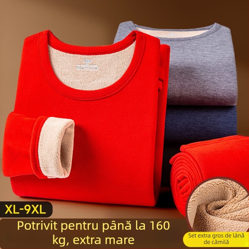 Set termic pentru bărbați din lână de cămilă, căptușit cu fleece, grosime extra 401–500 g/m², două piese: jachetă și pantaloni