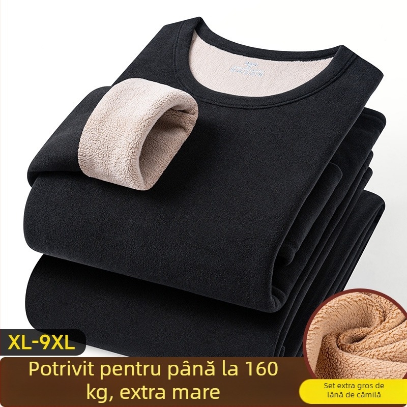 Set termic pentru bărbați din lână de cămilă, căptușit cu fleece, grosime extra 401–500 g/m², două piese: jachetă și pantaloni