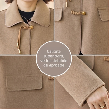 Palton din lână și cașmir, croială regular, închidere cu nasturi dubli, decolteu în V, lungime medie, stil elegant pentru oraș