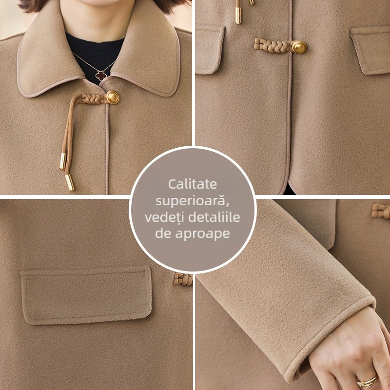 Palton din lână și cașmir, croială regular, închidere cu nasturi dubli, decolteu în V, lungime medie, stil elegant pentru oraș