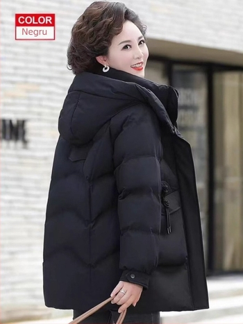 Palton de iarnă pentru femei, umplutură din puf-pamut, glugă, fermoar, material poliester, lungime medie 50–65 cm