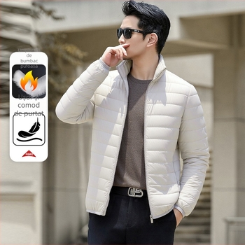 Jachetă bărbătească din bumbac – guler înalt, nasturi pe un rând, căptușeală acetat, umplutură din bumbac, buzunare patch 3D