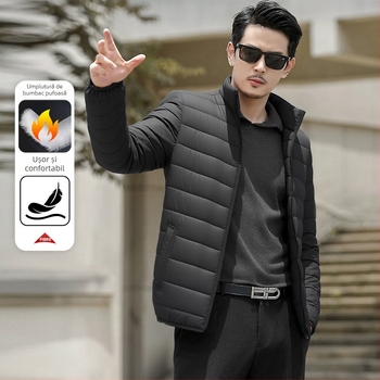 Jachetă bărbătească din bumbac – guler înalt, nasturi pe un rând, căptușeală acetat, umplutură din bumbac, buzunare patch 3D