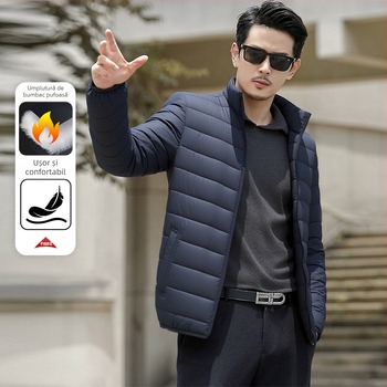 Jachetă bărbătească din bumbac – guler înalt, nasturi pe un rând, căptușeală acetat, umplutură din bumbac, buzunare patch 3D