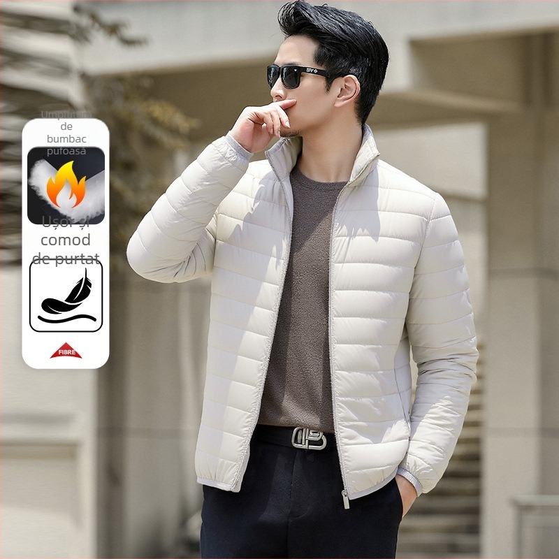 Jachetă bărbătească din bumbac – guler înalt, nasturi pe un rând, căptușeală acetat, umplutură din bumbac, buzunare patch 3D