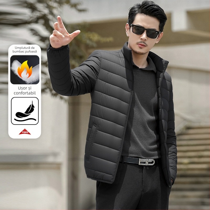 Jachetă bărbătească din bumbac – guler înalt, nasturi pe un rând, căptușeală acetat, umplutură din bumbac, buzunare patch 3D