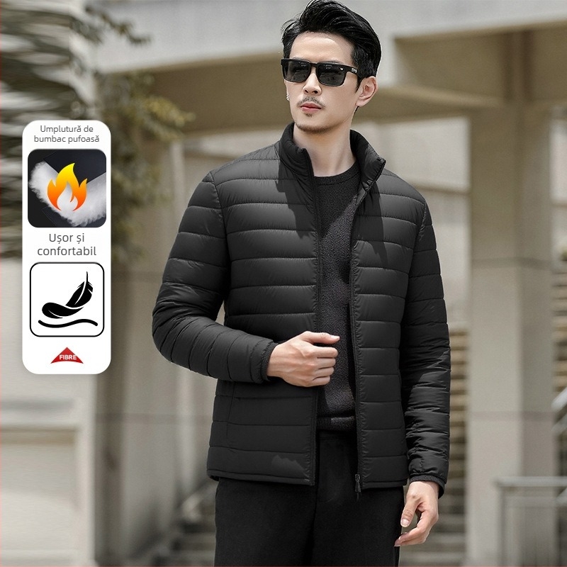 Jachetă bărbătească din bumbac – guler înalt, nasturi pe un rând, căptușeală acetat, umplutură din bumbac, buzunare patch 3D