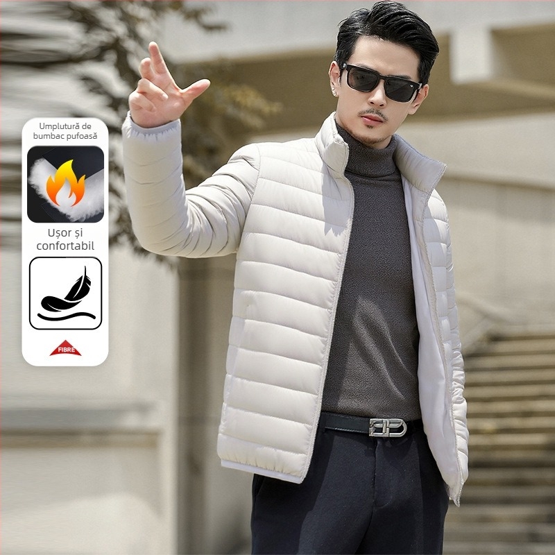 Jachetă bărbătească din bumbac – guler înalt, nasturi pe un rând, căptușeală acetat, umplutură din bumbac, buzunare patch 3D