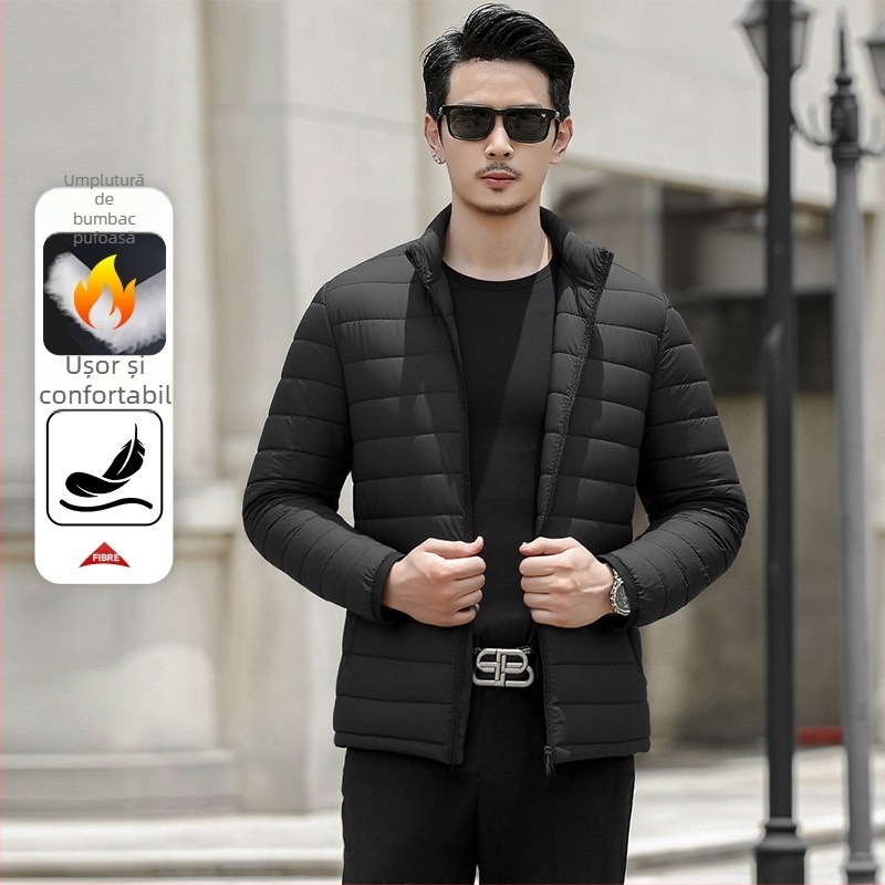 Jachetă bărbătească din bumbac – guler înalt, nasturi pe un rând, căptușeală acetat, umplutură din bumbac, buzunare patch 3D