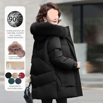 Geacă de puf pentru femei J5C – lungime medie, groasă, guler înalt, conținut puf 50%, umplere: puf alb de rață