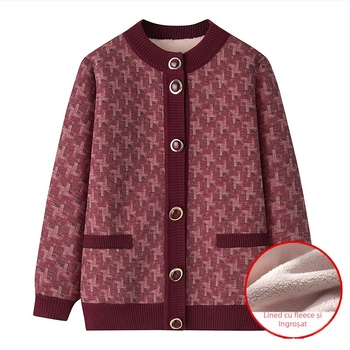 Cardigan tricot pentru femei în vârstă, căptușit cu fleece, croială lejeră, lungime medie, guler rotund (Iarna 2023)