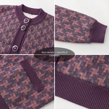 Cardigan tricot pentru femei în vârstă, căptușit cu fleece, croială lejeră, lungime medie, guler rotund (Iarna 2023)