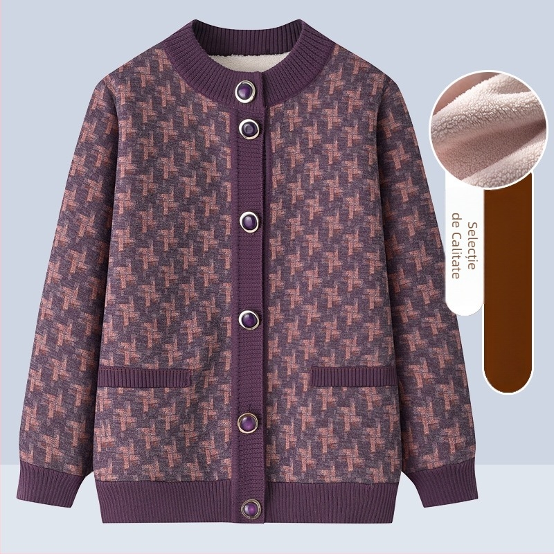 Cardigan tricot pentru femei în vârstă, căptușit cu fleece, croială lejeră, lungime medie, guler rotund (Iarna 2023)