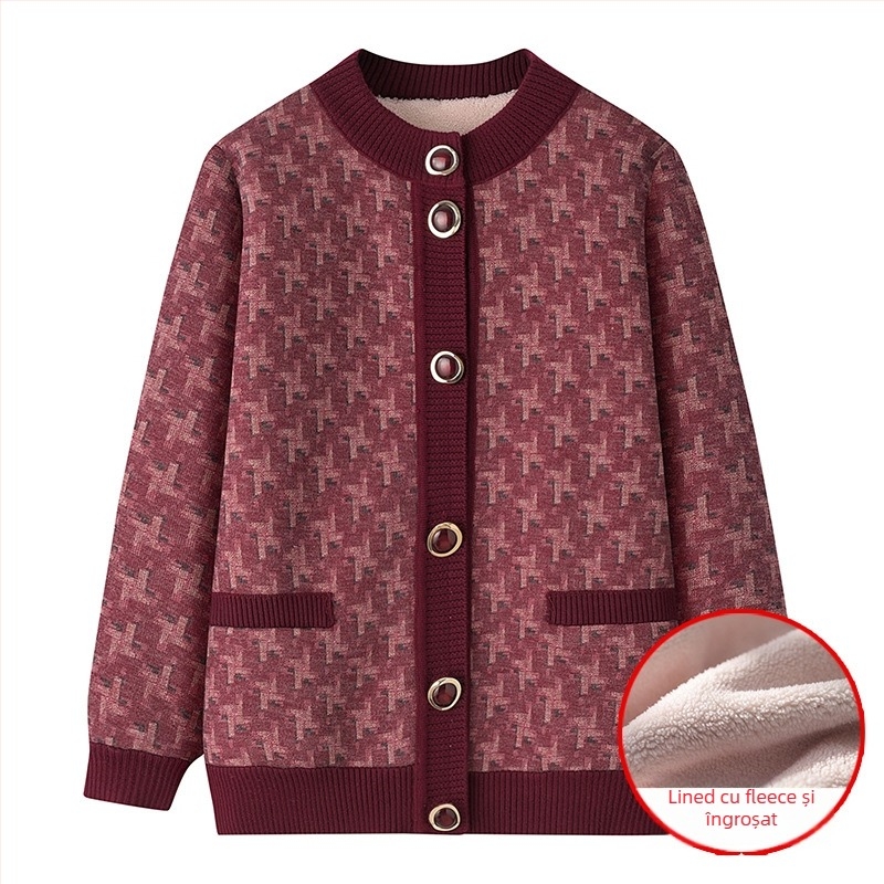 Cardigan tricot pentru femei în vârstă, căptușit cu fleece, croială lejeră, lungime medie, guler rotund (Iarna 2023)