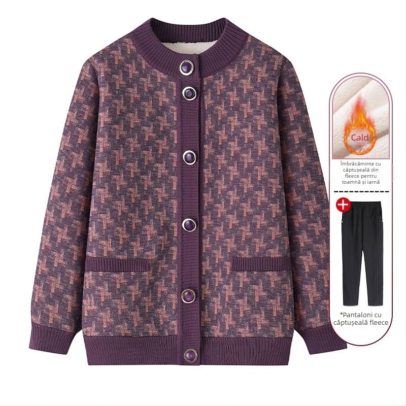 Cardigan tricot pentru femei în vârstă, căptușit cu fleece, croială lejeră, lungime medie, guler rotund (Iarna 2023)