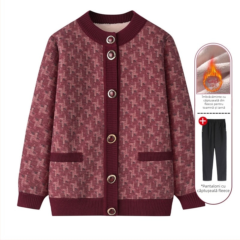 Cardigan tricot pentru femei în vârstă, căptușit cu fleece, croială lejeră, lungime medie, guler rotund (Iarna 2023)