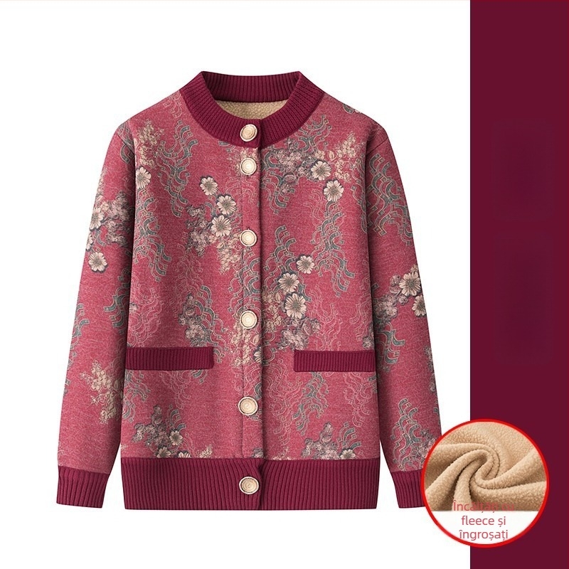 Cardigan tricot pentru femei în vârstă, căptușit cu fleece, croială lejeră, lungime medie, guler rotund (Iarna 2023)