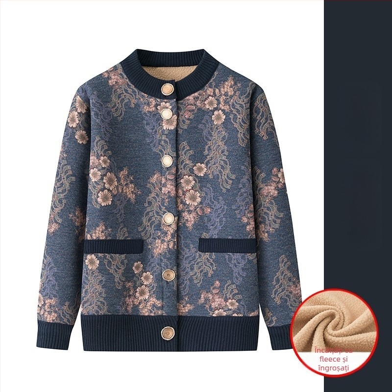 Cardigan tricot pentru femei în vârstă, căptușit cu fleece, croială lejeră, lungime medie, guler rotund (Iarna 2023)