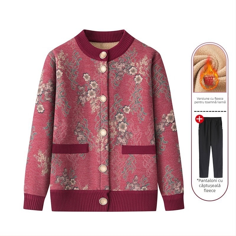 Cardigan tricot pentru femei în vârstă, căptușit cu fleece, croială lejeră, lungime medie, guler rotund (Iarna 2023)
