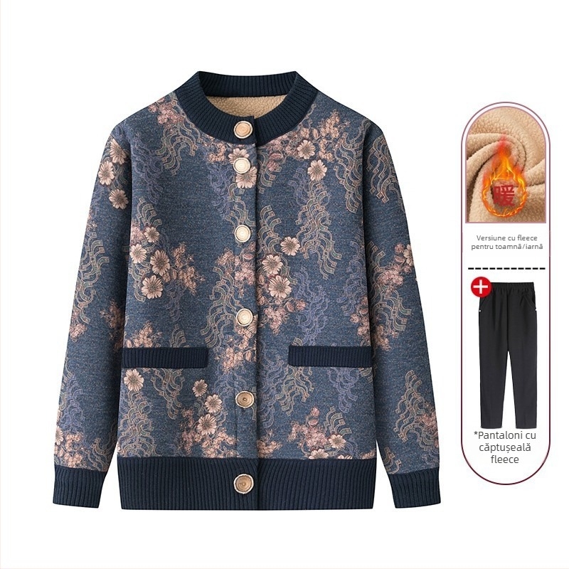 Cardigan tricot pentru femei în vârstă, căptușit cu fleece, croială lejeră, lungime medie, guler rotund (Iarna 2023)