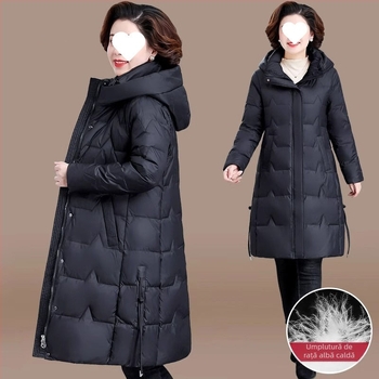 Jachetă de iarnă din puf pentru femei, design în formă de A, guler înălțat; umplutură din puf de rață alb; conținut puf 51–55%/81–85%; grosime medie; țesătură poliester