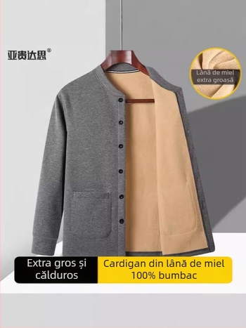 Cardigan-jachetă căptușită cu fleece pentru bărbați de vârstă mijlocie și în vârstă; palton gros de iarnă cu căptușeală Sherpa; guler înalt; mâneci lungi; tiv drept; buzunare multiple; potrivit pentru haine de casă.