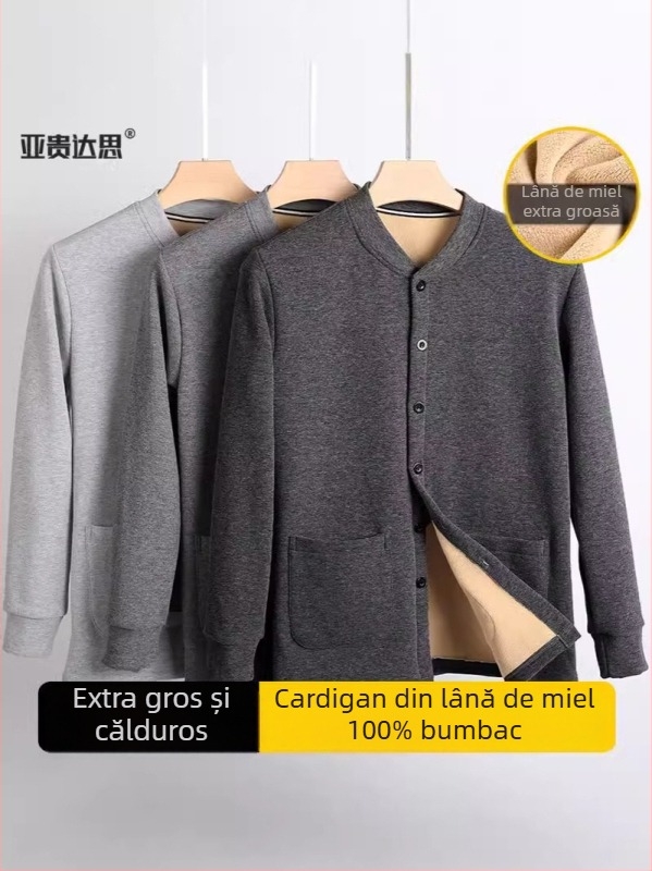 Cardigan-jachetă căptușită cu fleece pentru bărbați de vârstă mijlocie și în vârstă; palton gros de iarnă cu căptușeală Sherpa; guler înalt; mâneci lungi; tiv drept; buzunare multiple; potrivit pentru haine de casă.