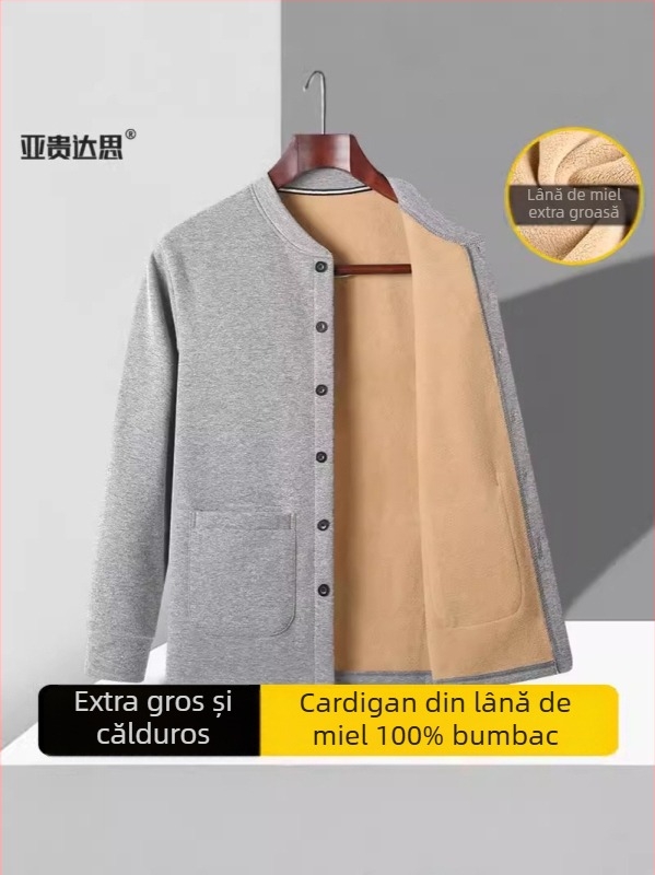 Cardigan-jachetă căptușită cu fleece pentru bărbați de vârstă mijlocie și în vârstă; palton gros de iarnă cu căptușeală Sherpa; guler înalt; mâneci lungi; tiv drept; buzunare multiple; potrivit pentru haine de casă.