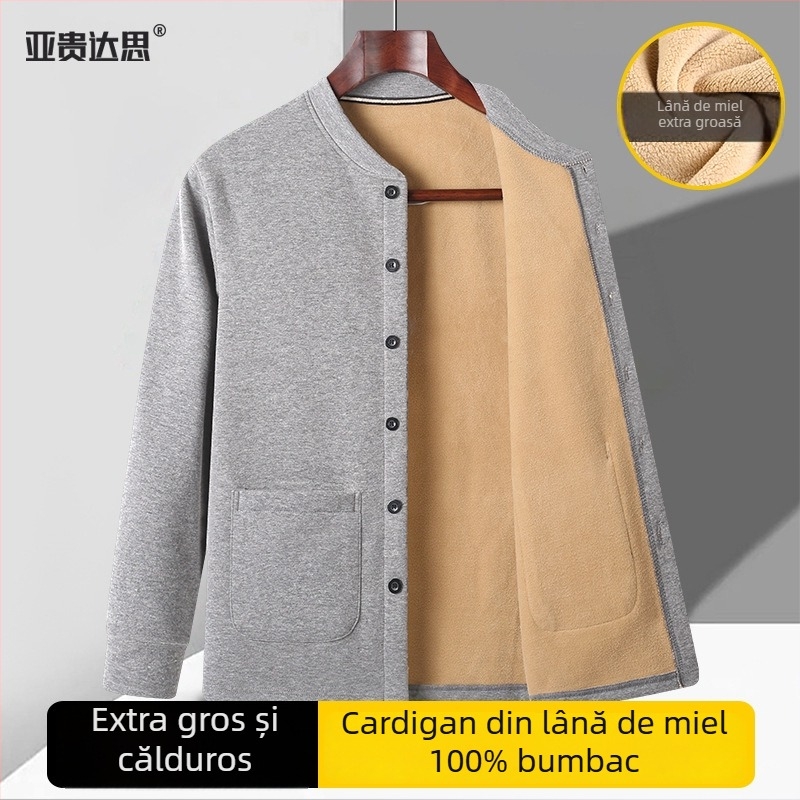 Cardigan-jachetă căptușită cu fleece pentru bărbați de vârstă mijlocie și în vârstă; palton gros de iarnă cu căptușeală Sherpa; guler înalt; mâneci lungi; tiv drept; buzunare multiple; potrivit pentru haine de casă.