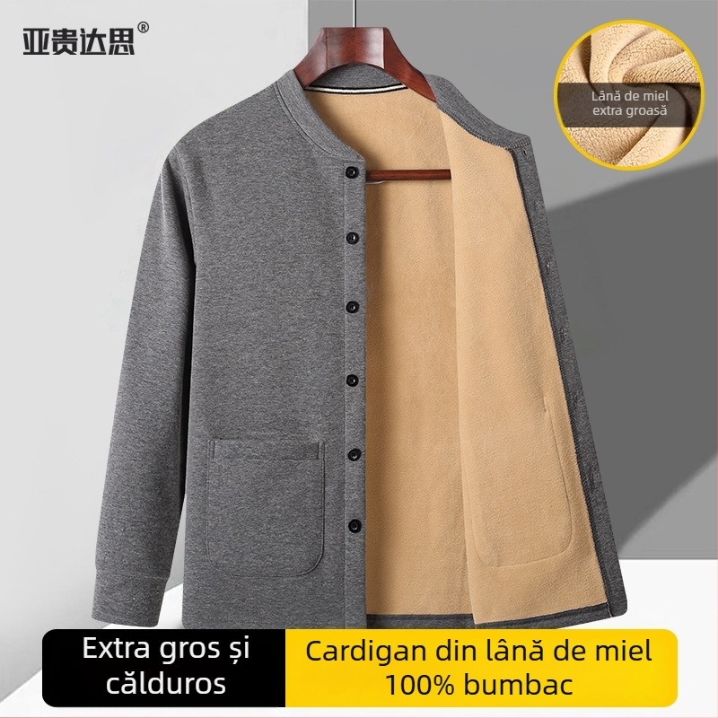 Cardigan-jachetă căptușită cu fleece pentru bărbați de vârstă mijlocie și în vârstă; palton gros de iarnă cu căptușeală Sherpa; guler înalt; mâneci lungi; tiv drept; buzunare multiple; potrivit pentru haine de casă.