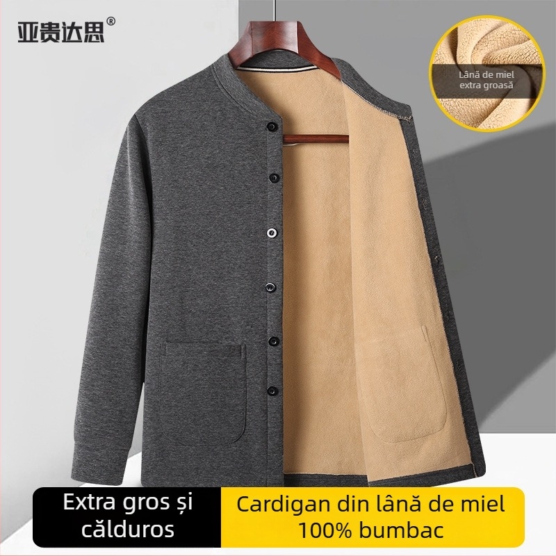 Cardigan-jachetă căptușită cu fleece pentru bărbați de vârstă mijlocie și în vârstă; palton gros de iarnă cu căptușeală Sherpa; guler înalt; mâneci lungi; tiv drept; buzunare multiple; potrivit pentru haine de casă.