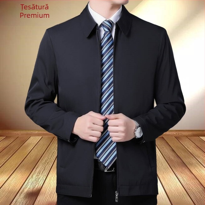 Sacou minimalist pentru bărbați, cu rever și fermoar, croială lejeră, poliester subțire, pentru primăvară-toamnă