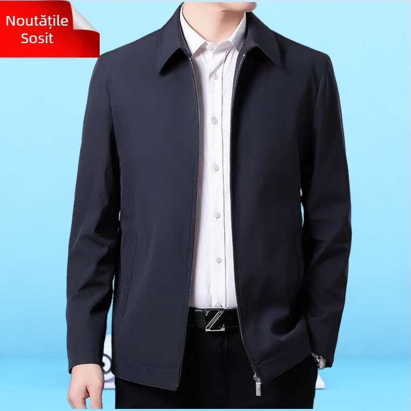 Sacou minimalist pentru bărbați, cu rever și fermoar, croială lejeră, poliester subțire, pentru primăvară-toamnă