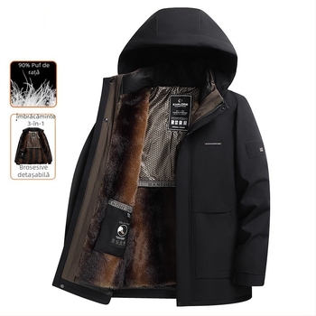 Geacă de puf pentru bărbați, căptușită cu fleece, groasă, cu căptușeală internă detașabilă, guler înalt