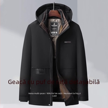 Geacă de puf pentru bărbați, căptușită cu fleece, groasă, cu căptușeală internă detașabilă, guler înalt