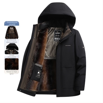 Geacă de puf pentru bărbați, căptușită cu fleece, groasă, cu căptușeală internă detașabilă, guler înalt