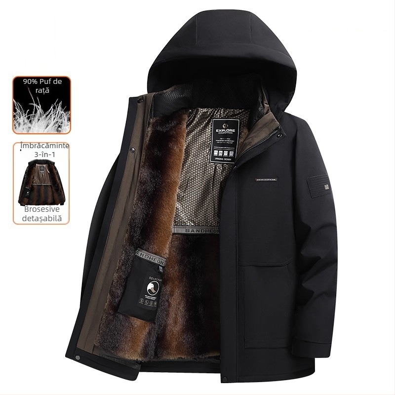 Geacă de puf pentru bărbați, căptușită cu fleece, groasă, cu căptușeală internă detașabilă, guler înalt
