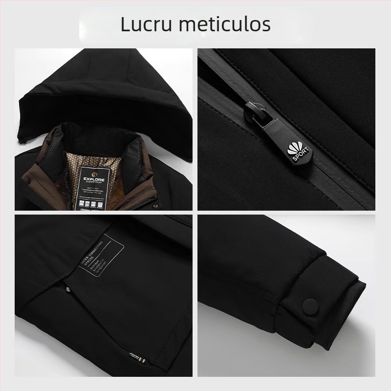 Geacă de puf pentru bărbați, căptușită cu fleece, groasă, cu căptușeală internă detașabilă, guler înalt